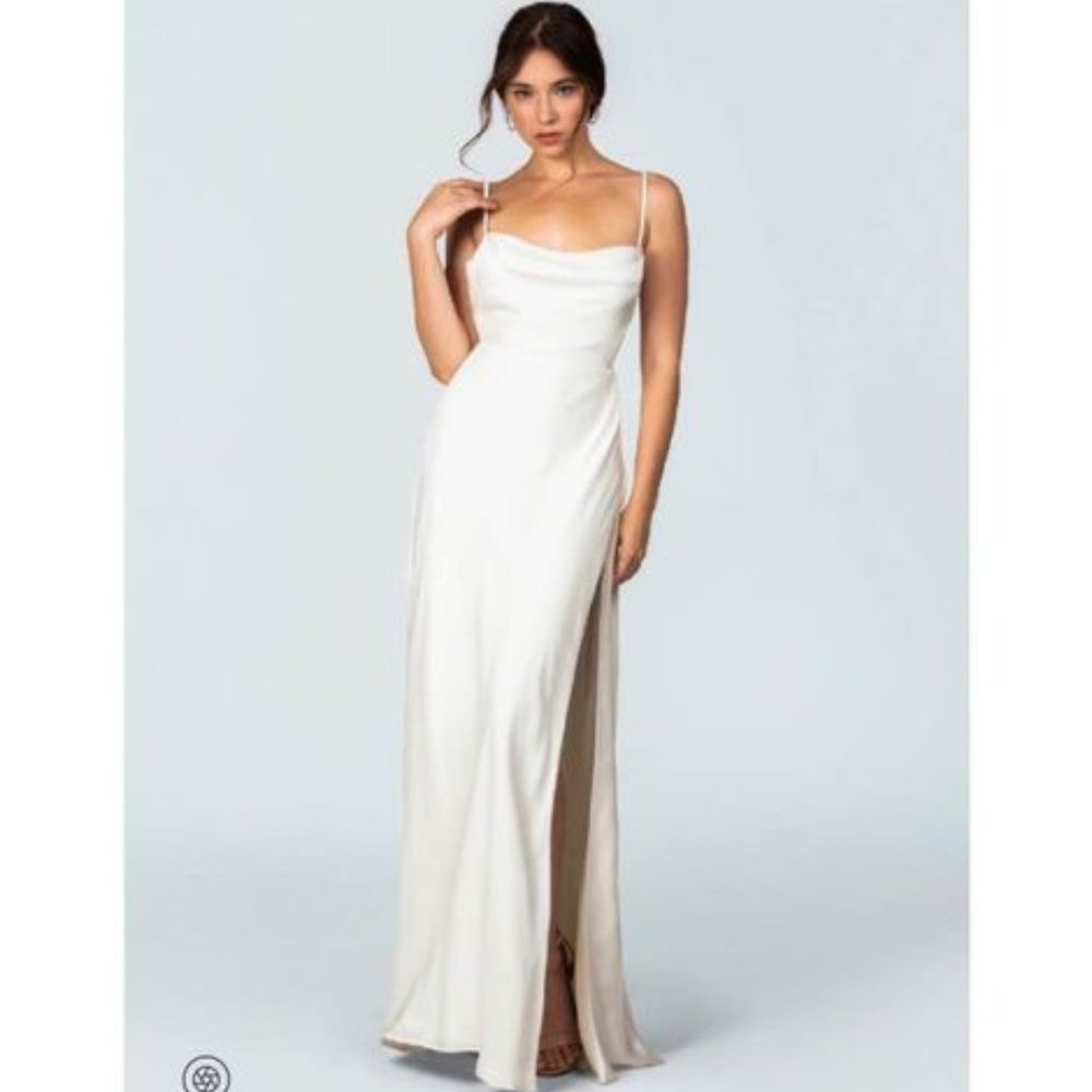 NWT Fame and Partners Strappy Drapped Gown Size 6 in Matte Satin Ivory